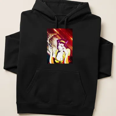 Vibrant anime print of Faye Valentine smoking in purple, yellow, and red. — printed on a unisex hoodie