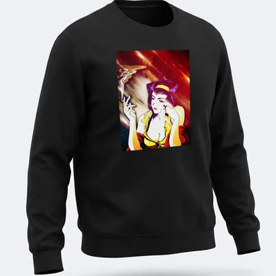 Vibrant anime print of Faye Valentine smoking in purple, yellow, and red. — printed on a unisex sweatshirt