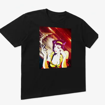 Vibrant anime print of Faye Valentine smoking in purple, yellow, and red. — printed on a unisex t-shirt (angled view)
