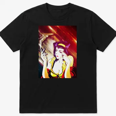 Vibrant anime print of Faye Valentine smoking in purple, yellow, and red.