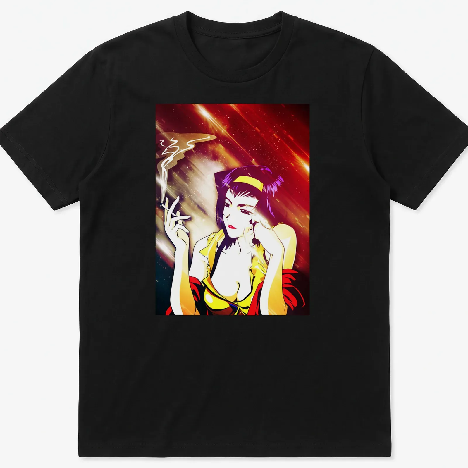 Vibrant anime print of Faye Valentine smoking in purple, yellow, and red. — printed on a unisex t-shirt
