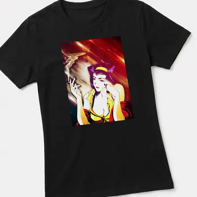 Vibrant anime print of Faye Valentine smoking in purple, yellow, and red. — printed on a women's shirt