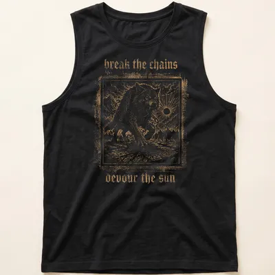 Vintage engraving of Fenrir Wolf with text 'break the chains devour the sun' — printed on a tank top