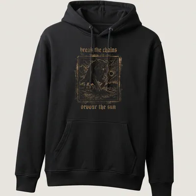 Vintage engraving of Fenrir Wolf with text 'break the chains devour the sun' — printed on a unisex hoodie