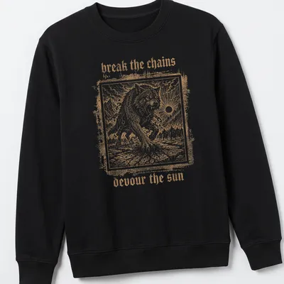 Vintage engraving of Fenrir Wolf with text 'break the chains devour the sun' — printed on a unisex sweatshirt