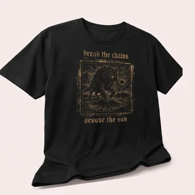 Vintage engraving of Fenrir Wolf with text 'break the chains devour the sun' — printed on a unisex t-shirt (angled view)