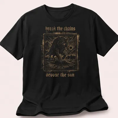 Vintage engraving of Fenrir Wolf with text 'break the chains devour the sun'
