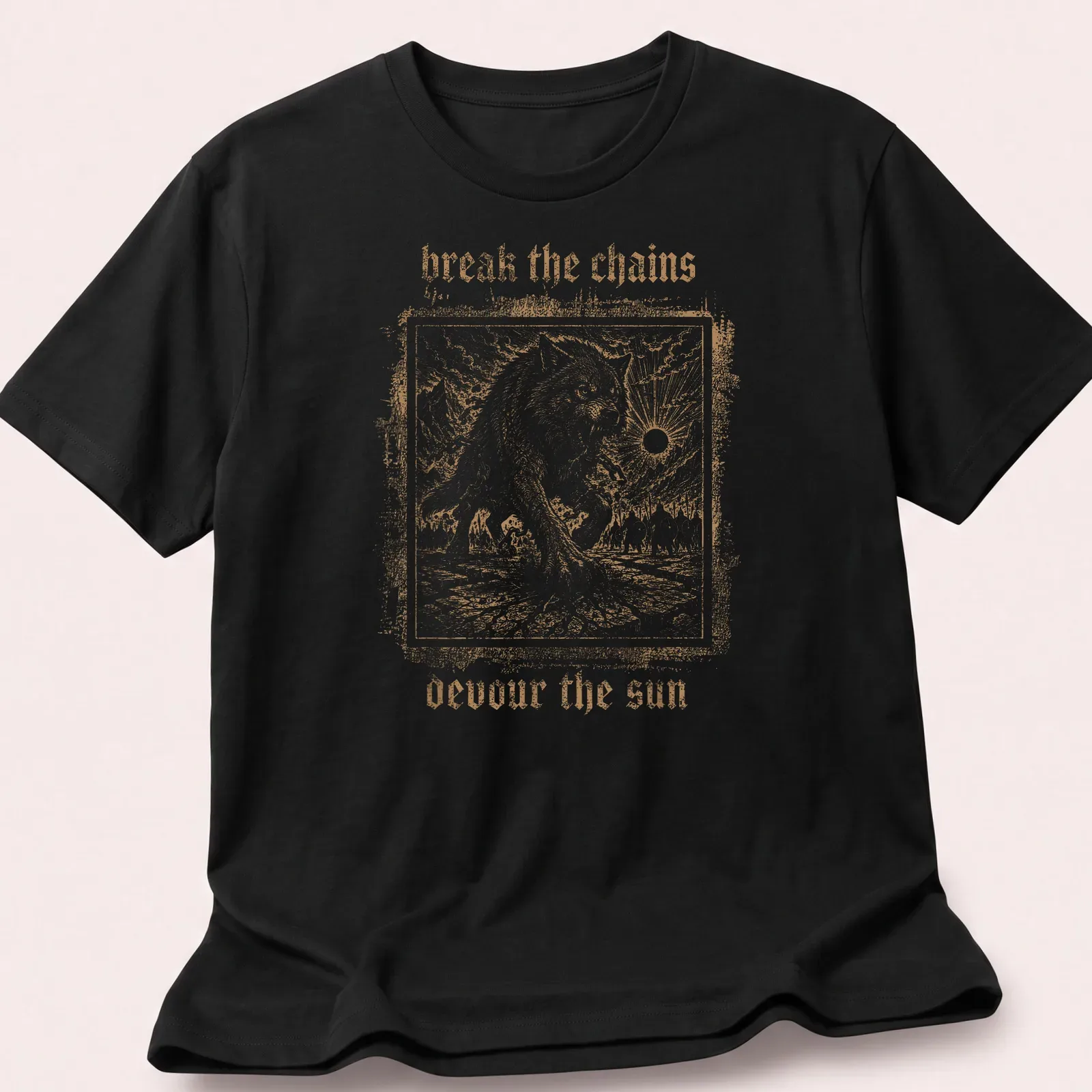 Vintage engraving of Fenrir Wolf with text 'break the chains devour the sun' — printed on a unisex t-shirt