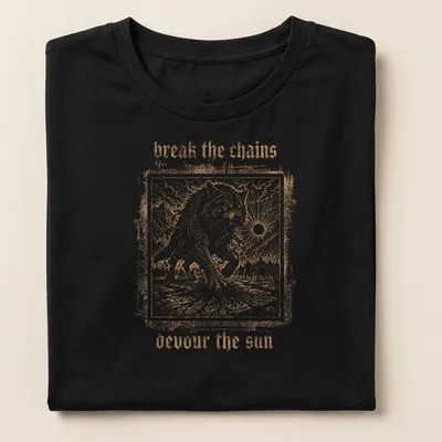 Vintage engraving of Fenrir Wolf with text 'break the chains devour the sun' — printed on a women's shirt