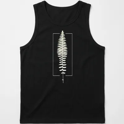 Minimalist cyanotype print of fern botanical in cyan and white — printed on a tank top