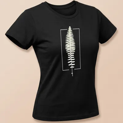 Minimalist cyanotype print of fern botanical in cyan and white — printed on a women's shirt