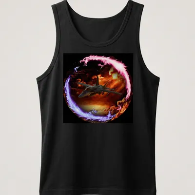 Hornet Of Legend t-shirt with fighter jet in cosmic colors of black, orange, purple, pink, and blue — printed on a tank top