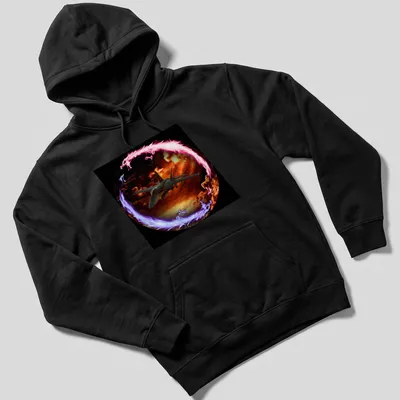 Hornet Of Legend t-shirt with fighter jet in cosmic colors of black, orange, purple, pink, and blue — printed on a unisex hoodie