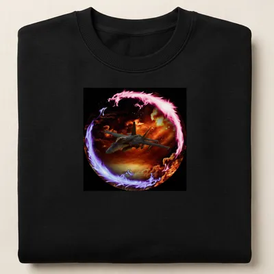 Hornet Of Legend t-shirt with fighter jet in cosmic colors of black, orange, purple, pink, and blue — printed on a unisex sweatshirt