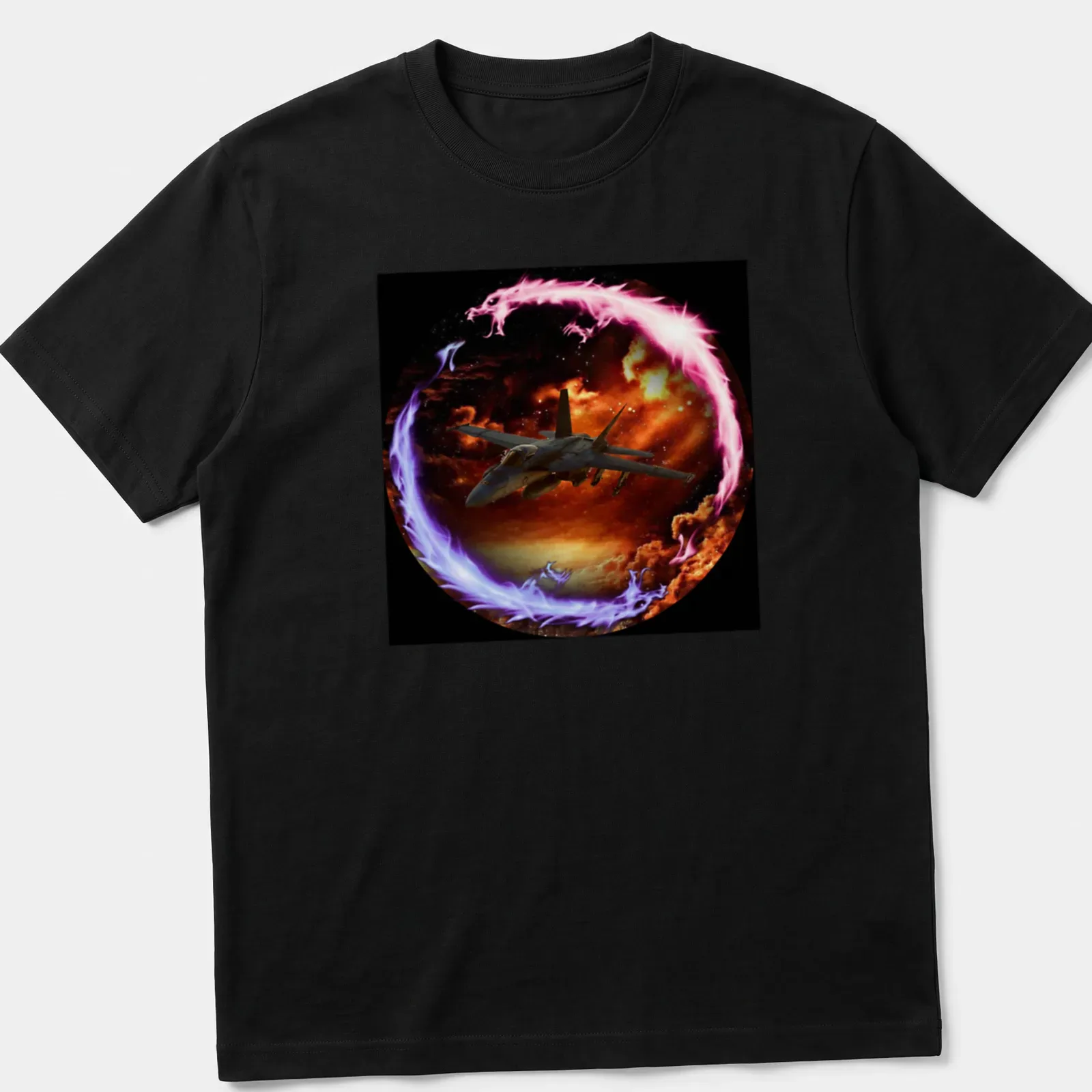 Hornet Of Legend t-shirt with fighter jet in cosmic colors of black, orange, purple, pink, and blue — printed on a unisex t-shirt