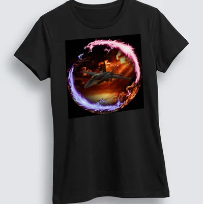 Hornet Of Legend t-shirt with fighter jet in cosmic colors of black, orange, purple, pink, and blue — printed on a women's shirt