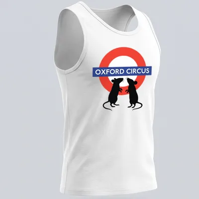 Whimsical graphic of fighting mice with Oxford Circus text above in red, blue, black, and white. — printed on a tank top