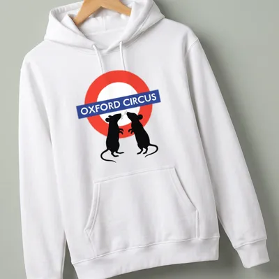 Whimsical graphic of fighting mice with Oxford Circus text above in red, blue, black, and white. — printed on a unisex hoodie