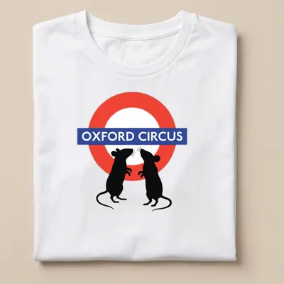 Whimsical graphic of fighting mice with Oxford Circus text above in red, blue, black, and white.