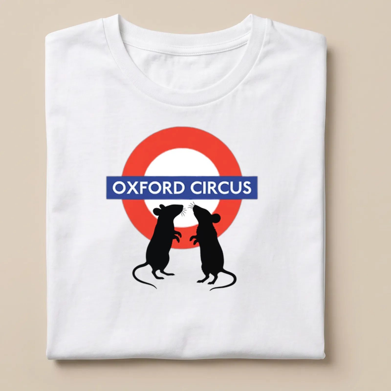 Whimsical graphic of fighting mice with Oxford Circus text above in red, blue, black, and white. — printed on a unisex t-shirt