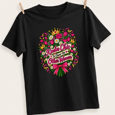 Colorful floral bouquet t-shirt with the phrase 'Kinda Chic To Cheer On Other Women'