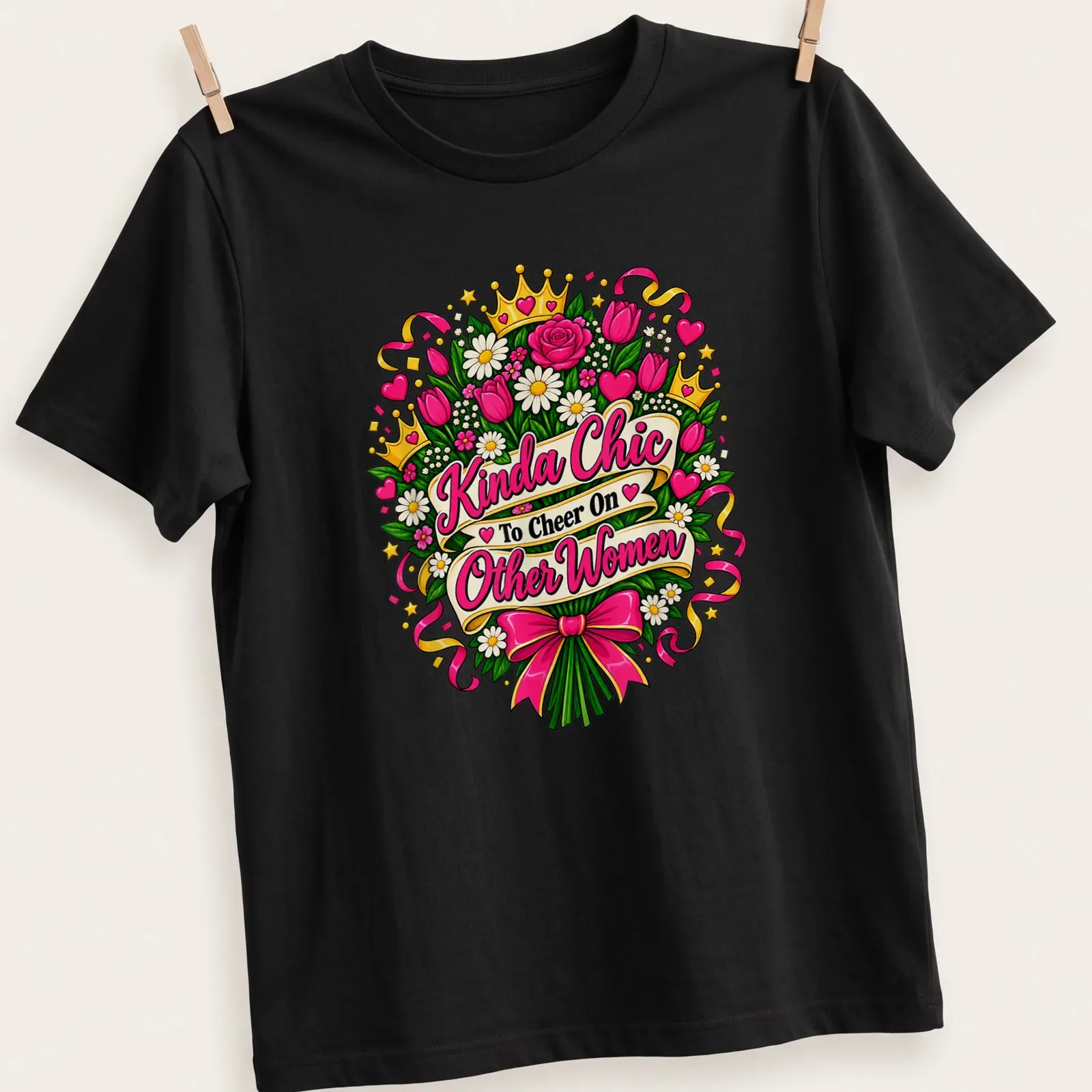 Colorful floral bouquet t-shirt with the phrase 'Kinda Chic To Cheer On Other Women' — printed on a unisex t-shirt