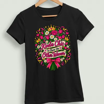 Colorful floral bouquet t-shirt with the phrase 'Kinda Chic To Cheer On Other Women' — printed on a women's shirt