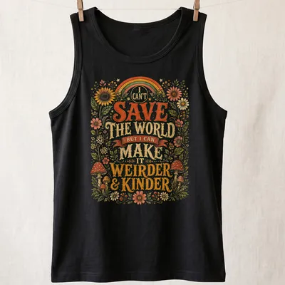Floral design with mushrooms and sunflowers featuring the text about kindness. — printed on a tank top