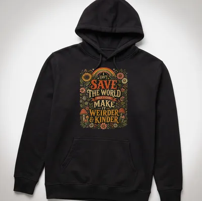 Floral design with mushrooms and sunflowers featuring the text about kindness. — printed on a unisex hoodie