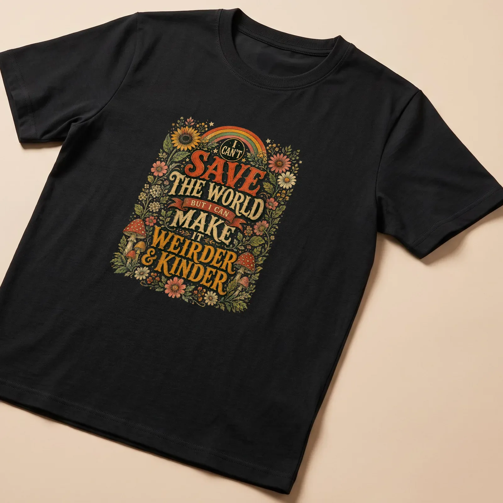 Floral design with mushrooms and sunflowers featuring the text about kindness. — printed on a unisex t-shirt