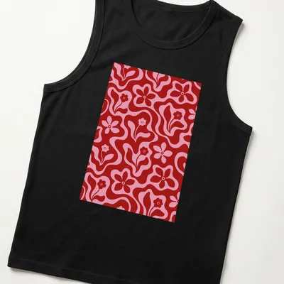 Retro floral pattern in red and pink on a T-shirt featuring flowers — printed on a tank top