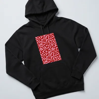 Retro floral pattern in red and pink on a T-shirt featuring flowers — printed on a unisex hoodie