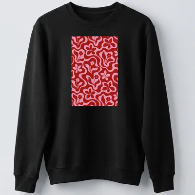 Retro floral pattern in red and pink on a T-shirt featuring flowers — printed on a unisex sweatshirt