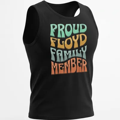 Playful typography design proclaiming Proud Floyd Family Member in bright colors — printed on a tank top