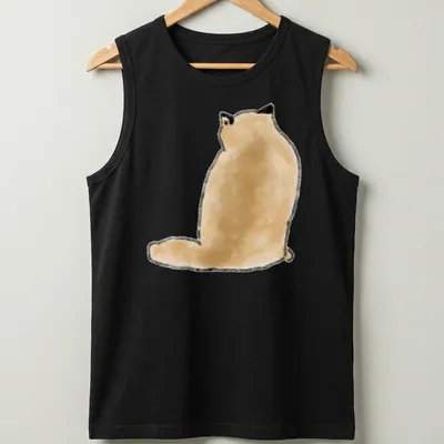 Minimalist illustration of a fluffy tan cat sitting from the back, tail arched — printed on a tank top