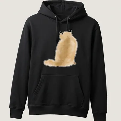 Minimalist illustration of a fluffy tan cat sitting from the back, tail arched — printed on a unisex hoodie