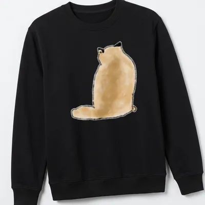 Minimalist illustration of a fluffy tan cat sitting from the back, tail arched — printed on a unisex sweatshirt