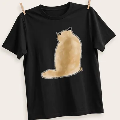 Minimalist illustration of a fluffy tan cat sitting from the back, tail arched