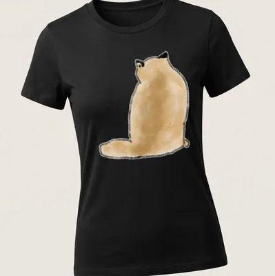 Minimalist illustration of a fluffy tan cat sitting from the back, tail arched — printed on a women's shirt