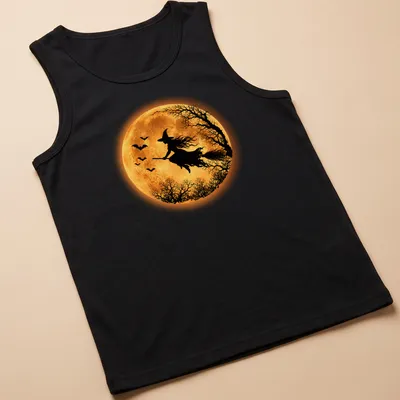 Silhouette of a flying witch against a full moon in black, orange, and yellow — printed on a tank top