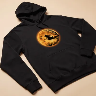 Silhouette of a flying witch against a full moon in black, orange, and yellow — printed on a unisex hoodie