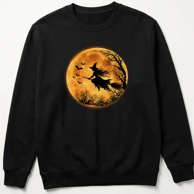 Silhouette of a flying witch against a full moon in black, orange, and yellow — printed on a unisex sweatshirt