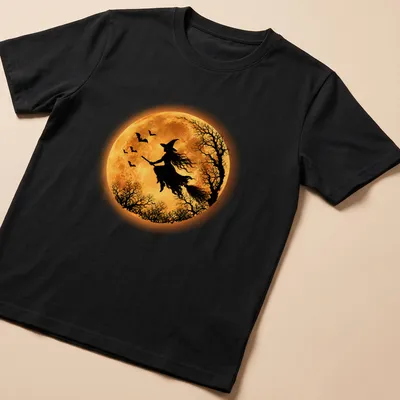 Silhouette of a flying witch against a full moon in black, orange, and yellow