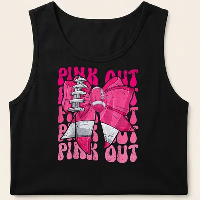 Bold graphic of a football bow with 'PINK OUT' text for breast cancer awareness — printed on a tank top