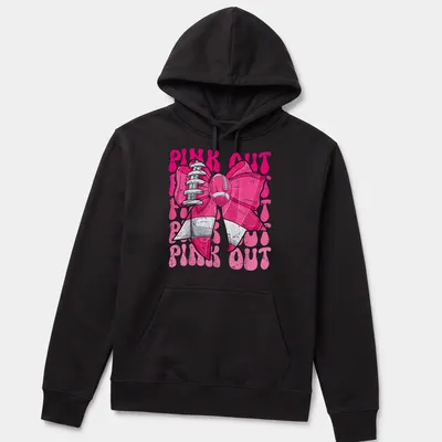 Bold graphic of a football bow with 'PINK OUT' text for breast cancer awareness — printed on a unisex hoodie
