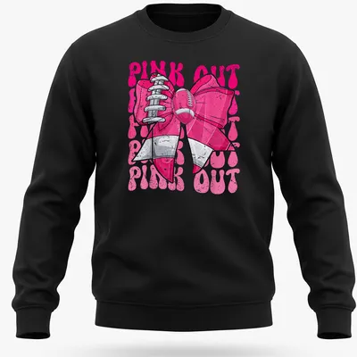 Bold graphic of a football bow with 'PINK OUT' text for breast cancer awareness — printed on a unisex sweatshirt