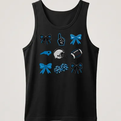 Cartoon design of football, cheer bows, and pompoms in blue, black, and white. — printed on a tank top