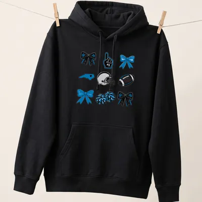 Cartoon design of football, cheer bows, and pompoms in blue, black, and white. — printed on a unisex hoodie
