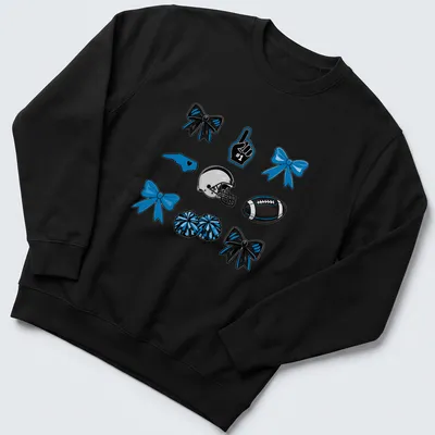Cartoon design of football, cheer bows, and pompoms in blue, black, and white. — printed on a unisex sweatshirt