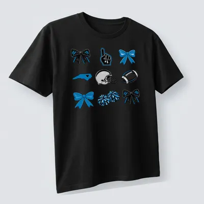 Cartoon design of football, cheer bows, and pompoms in blue, black, and white. — printed on a unisex t-shirt (angled view)